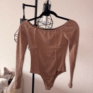Women's Brown Ribbed Knit Bodysuit
